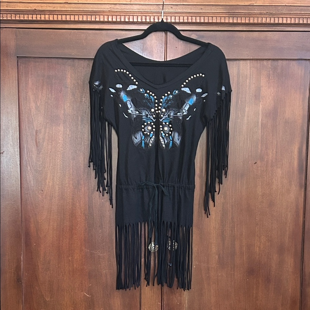 Black Studded Fringed Butterfly Knit Tee Tunic S
